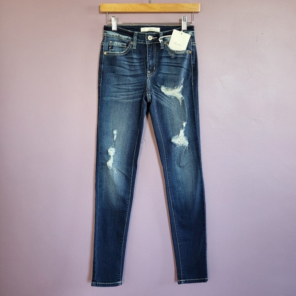 NEW KanCan Dark Wash Coastal Cowgirl Bohemian Distressed Mid Rise Skinny Jeans